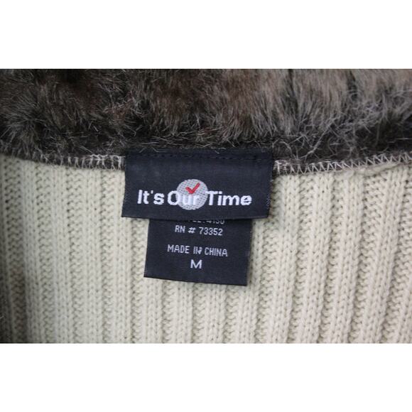 Y2K Cream It's Our Time Ribbed Knit Faux Fur Trimmed Long Button Up Cardigan M - Picture 2 of 9